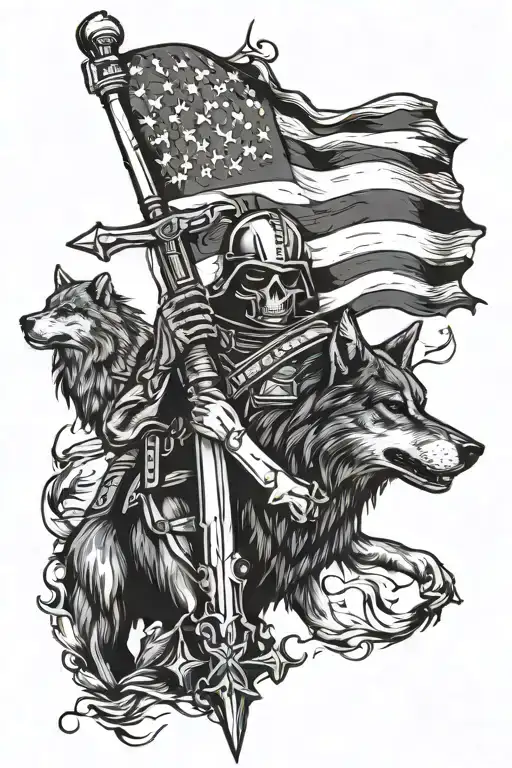 cross American flag dead soldier and black wolf  tattoo design idea