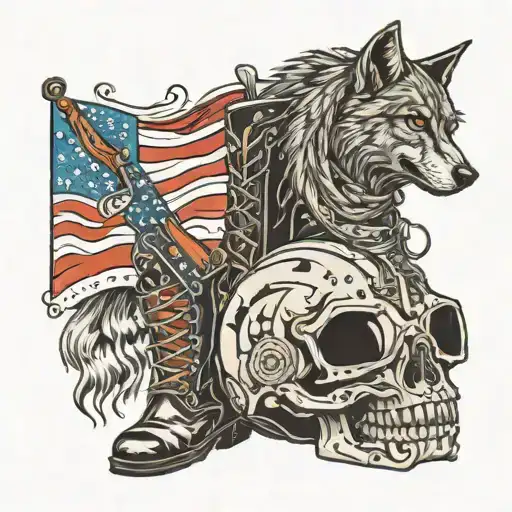 cross American flag boots helmet and black wolf   tattoo design idea