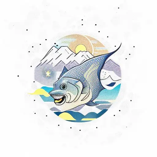 catfish, pisces, stars, mountains, trees, jeep, water tattoo design idea