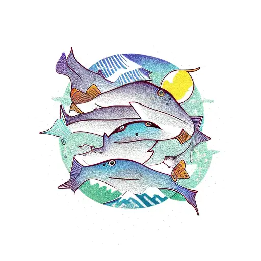 catfish, pisces, stars, mountains, trees tattoo design idea