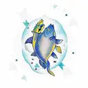 catfish, pisces, stars, mountains, trees tattoo design idea