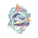 catfish, pisces, stars, mountains, trees tattoo design idea
