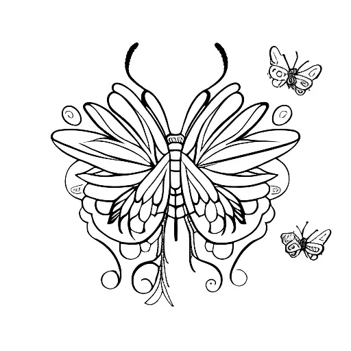 A black-grey tattoo of a butterfly in mid-flight with delicate wings tattoo design idea