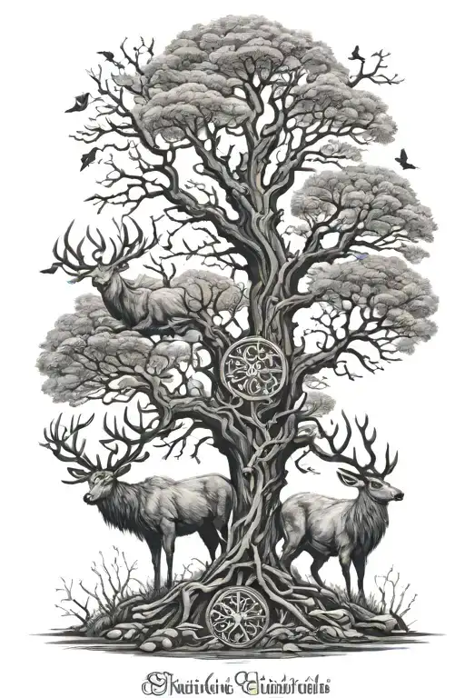Full sleve back arm with norse mythology inspired, consiting of nature with stags, hugin and munin, and yggradsil tree tattoo design idea