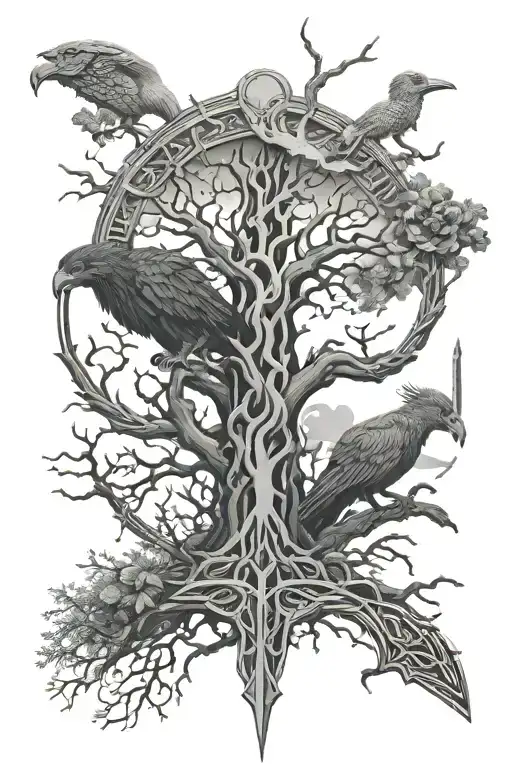 Full sleve consisting of norse mythology with Eikthyrnir, thor hammer, hugin and munin, including yggradisl tree tattoo design idea