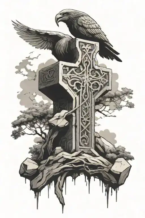 Thor's hammer on a rock. Hugin and munin flying around it on forearm. Include some forest around it tattoo design idea