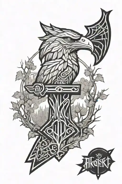 Norse mythology consiting of white glowing eikthynir in nature forest, thor's hammer, hugin and munin, and yggdrasil tattoo design idea