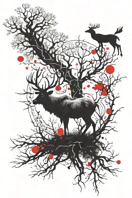 Full sleve back arm with norse mythology inspired, consiting of nature with stags, hugin and munin, and yggradsil tree tattoo design idea