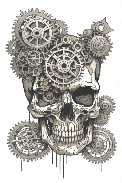 a skull with gears on the upper part of the head referencing overthinking tattoo design idea