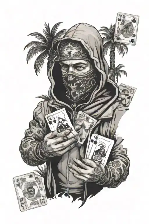 man with a balaclava and deck cards and dice and palm trees and money rolls  tattoo design idea