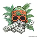 head with balaclava palm trees in background money rolls cards and dice  tattoo design idea