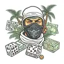 head with balaclava palm trees in background money rolls cards and dice  tattoo design idea