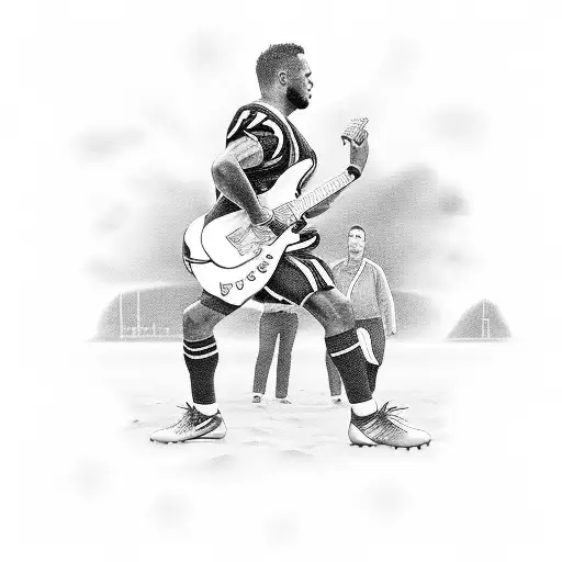 A black and grey portrait of a football player strumming a guitar against a beach backdrop tattoo design idea