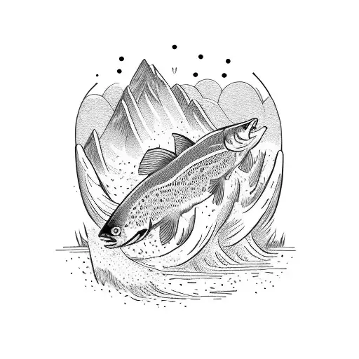 beautiful rainbow trout jumping out of a mountain stream with a fisherman on the bank  tattoo design idea