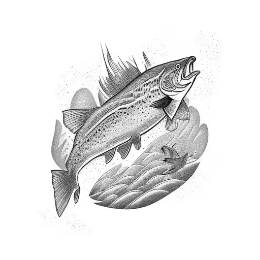 beautiful rainbow trout jumping out of a mountain stream with a fisherman on the bank  tattoo design idea