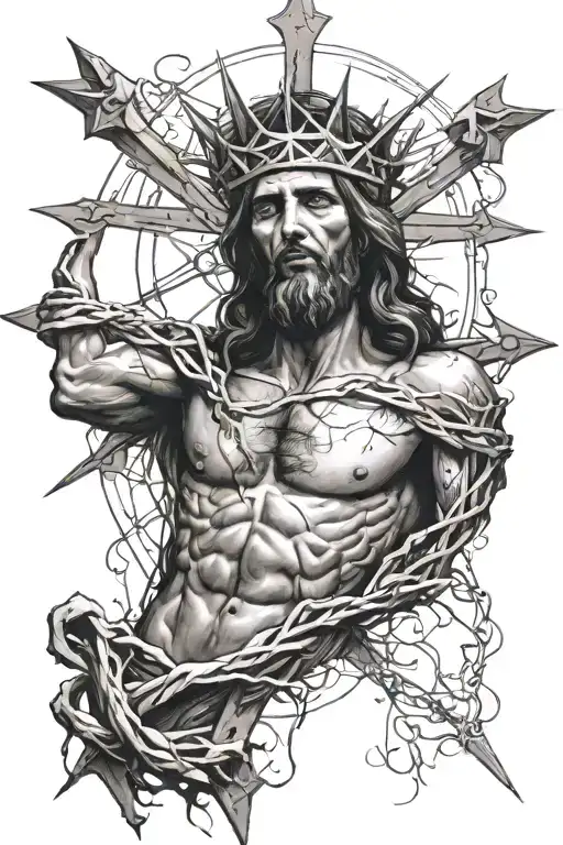 full body jesus on the cross with crown of thorns and a wound on his side from the spear of destiny tattoo design idea