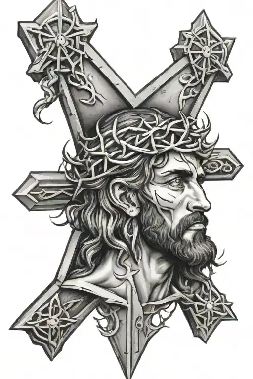 jesus on the cross with crown of thorns and wpound on his side from the spear of destiny tattoo design idea