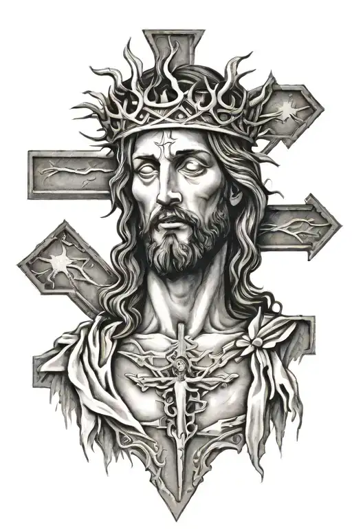full image of jesus on the cross with thorn crown tattoo design idea