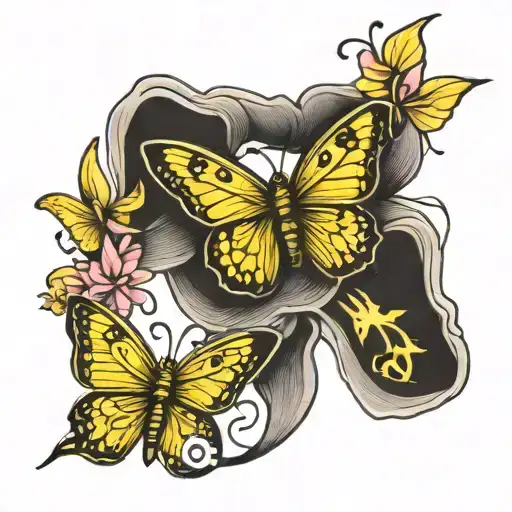 yellow butterflies & breast cancer ribbon  tattoo design idea
