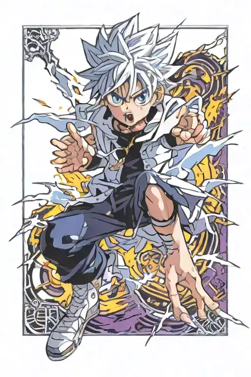 Killua Zoldyck manga panel vertiacal with blue eyes and lightning around him tattoo design idea