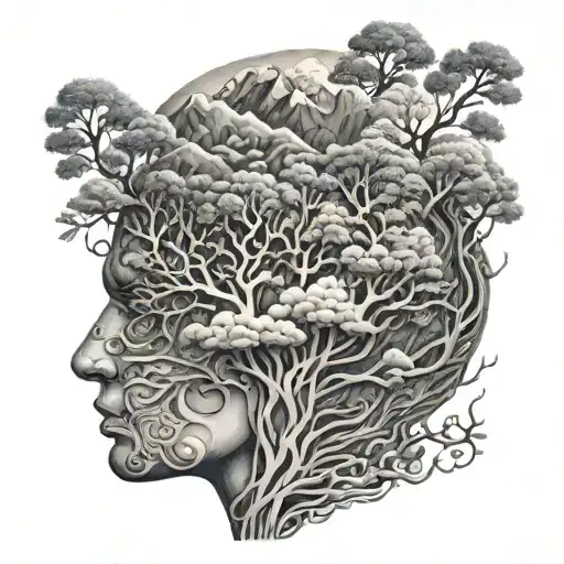An intricate brain composed of intricate nature elements like trees, rivers, and mountains, representing the complexity of the mind tattoo design idea
