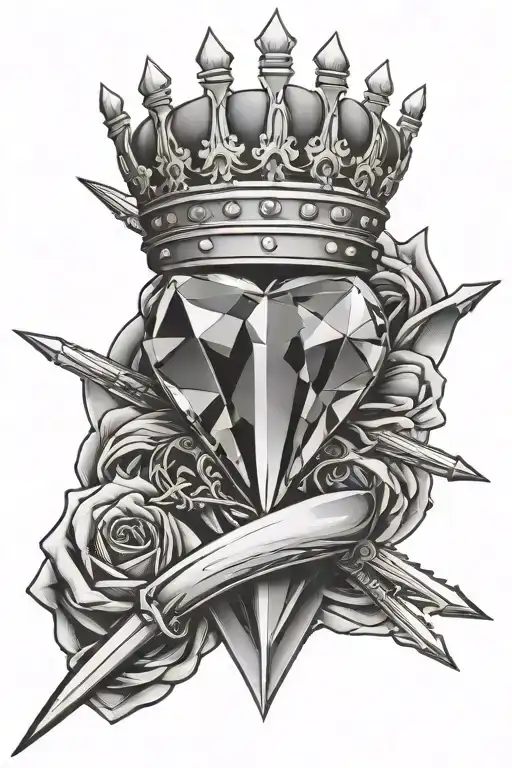 diamond heart with crown and swords crossed tattoo design idea