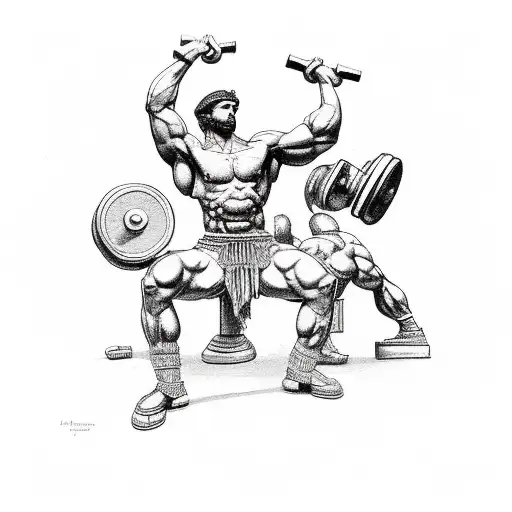 A muscular Greek god holding a dumbbell, with a Roman warrior lifting weights beside him. tattoo design idea