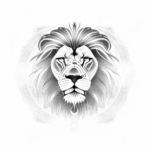 A blackwork tattoo of a lion wearing a Greek helmet, standing on a podium with a trophy in its paw. tattoo design idea