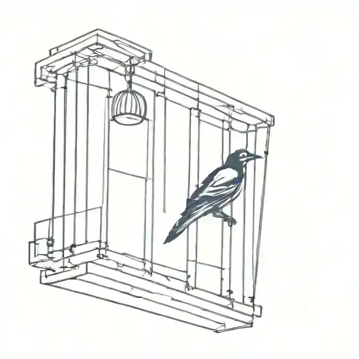 A bird perched on an open cage door, looking out into the world tattoo design idea