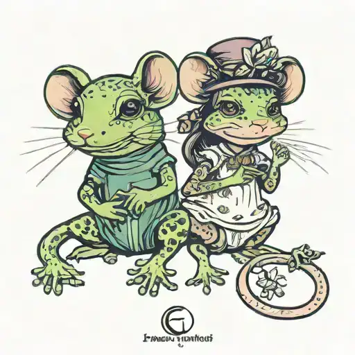 rat and frog girl best friends holding hands whimsical tattoo design idea