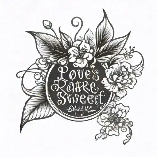 words "love is rare and sweet as cherry wine" surrounded by flowers tattoo design idea