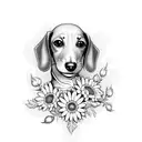 dachshund face with roses, daisys, ferns and ivys tattoo design idea