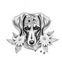 dachshund face with roses, daisys, ferns and ivys tattoo design idea