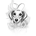 dachshund face with roses, daisys, ferns and ivys tattoo design idea