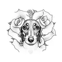 dachshund face with roses, daisys, ferns and ivys tattoo design idea