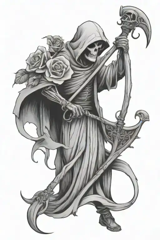 grim reaper holding a scythe with gothic roses tattoo design idea