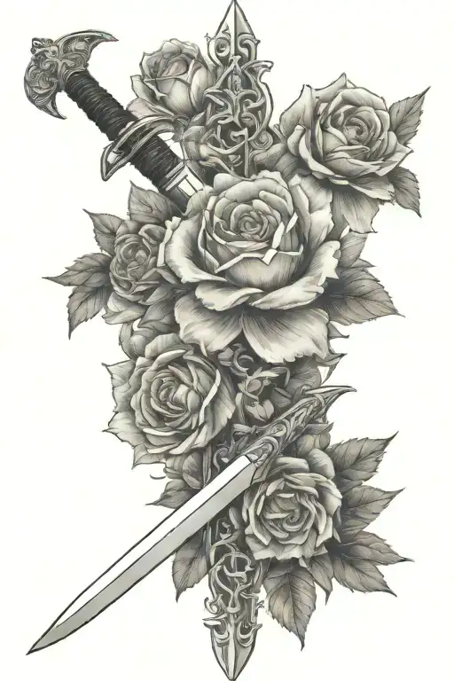 A witcher silver sword, behind it are simple flowers tattoo design idea