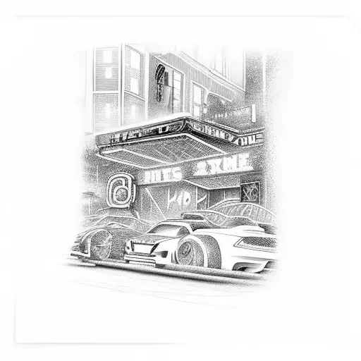 A street scene with hip-hop artists performing under neon lights, with intricate car tuning designs in the background tattoo design idea