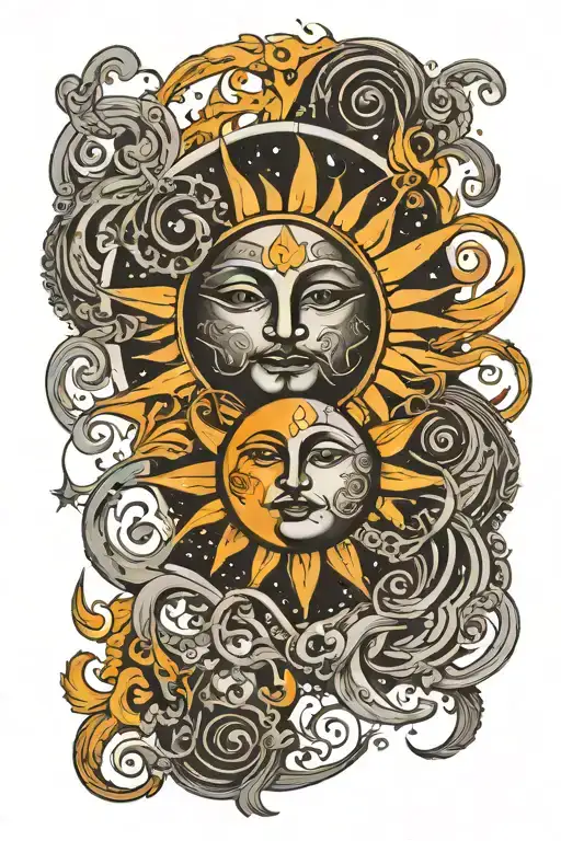 Sun and moon interlinked with divine timing, include waves tattoo design idea