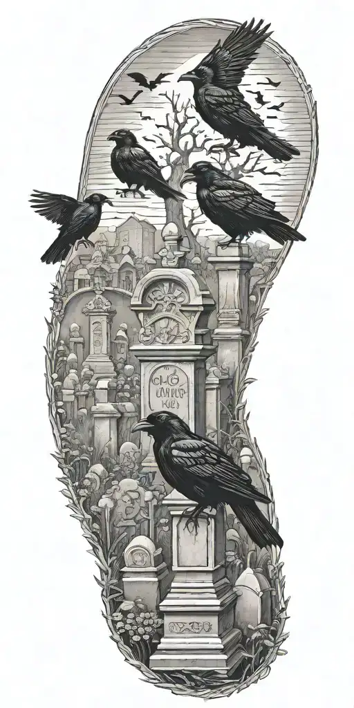 graveyard with ravens sitting on tombstones tattoo design idea