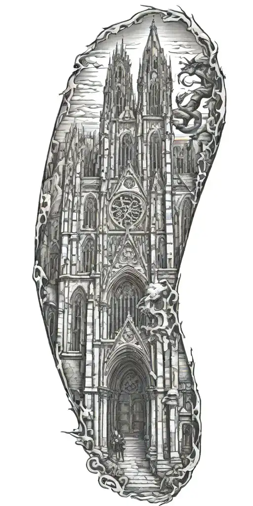 cathedral and demon scene tattoo design idea
