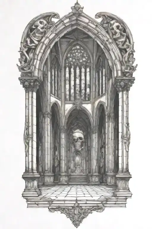 gothic cathedral and stained glass with skulls surrounded tattoo design idea