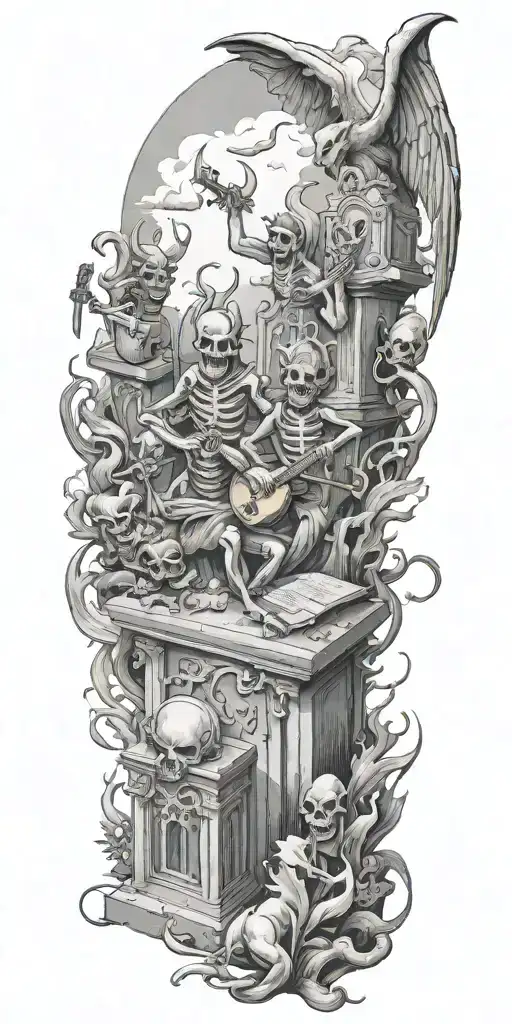 A graveyard scene with demons playing musical instruments tattoo design idea