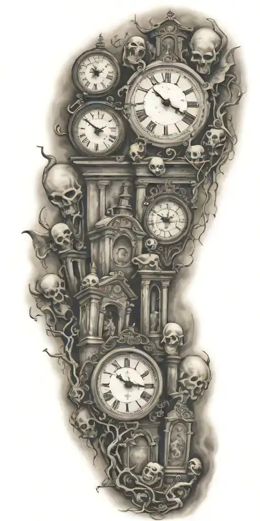 graveyard with demons and clocks tattoo design idea