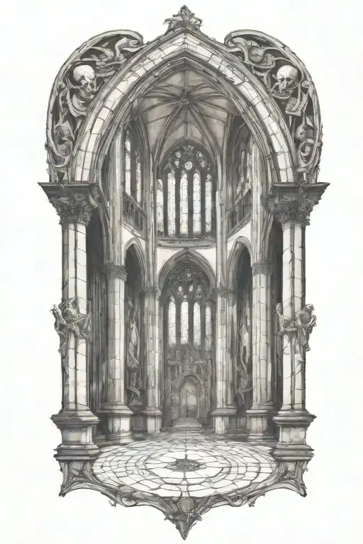 gothic cathedral and stained glass with skulls surrounded tattoo design idea