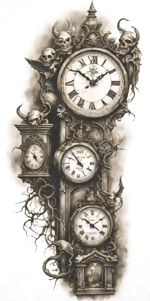 graveyard with demons and clocks tattoo design idea