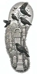 graveyard with ravens sitting on tombstones tattoo design idea
