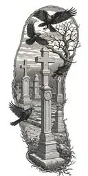 graveyard with ravens sitting on tombstones tattoo design idea