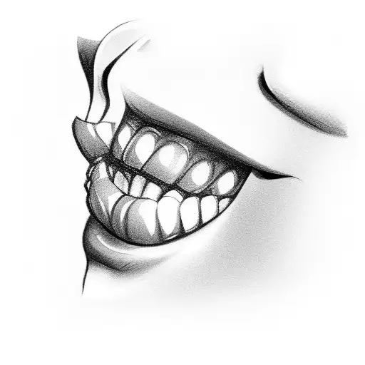 The beautiful face of a woman with a flirtatious smile and the letters T.A.R are engraved on her top three teeth tattoo design idea