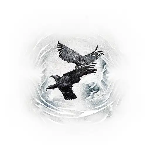 Icelandic phrases "ekki hugsa" and "þetta reddast" at wrist, with ravens flying up forearm tattoo design idea